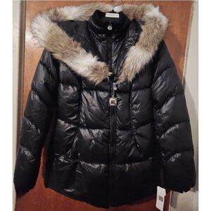 NWT Laundry By Design Shelli Segal M Faux Fur Trimmed Hood Black Puffer Coat